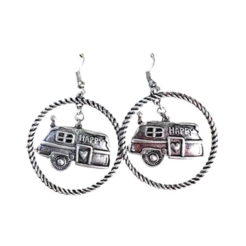 Silver Hoop Happy Camper Earrings NEW Vintage Travel Trailer Charm French Hook - Picture 2 of 6